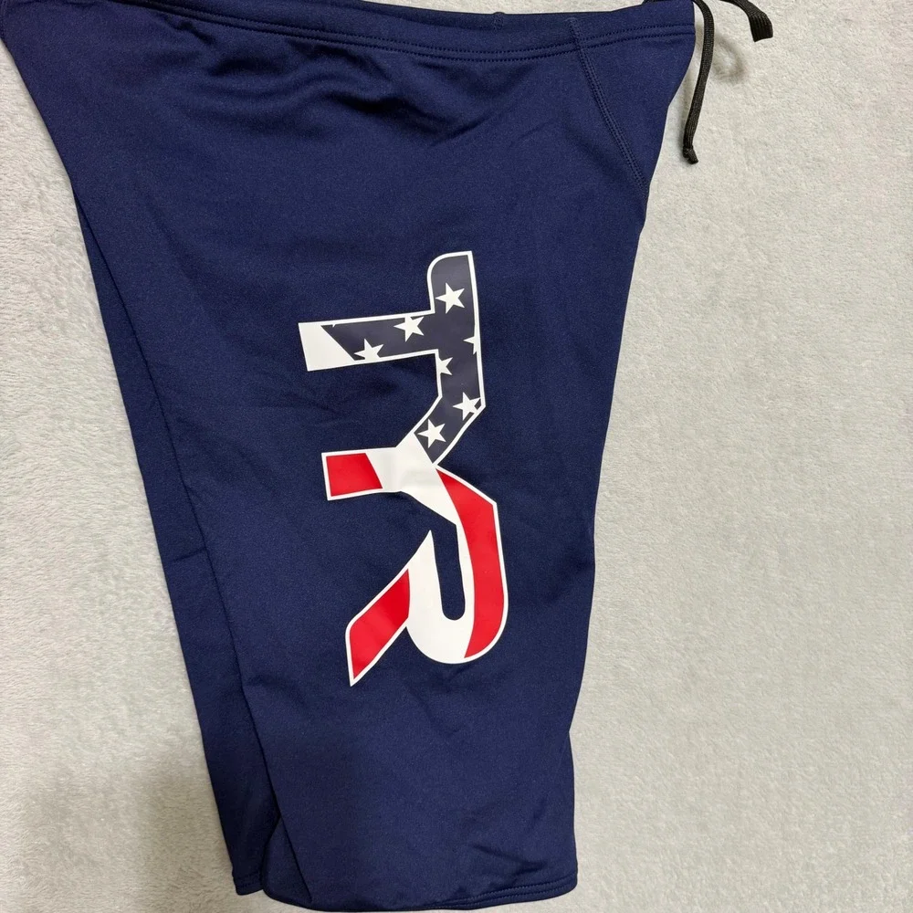 TYR Large Logo Jammer USA Men 34 Navy Blue Swim Trunks Durafast Elite Training